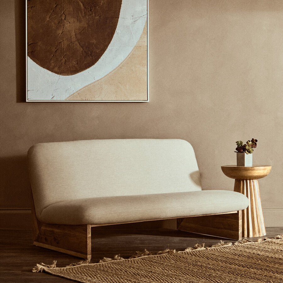 Orsina Parova 2-Seater Armless Cream Linen Sofa with Wood Base