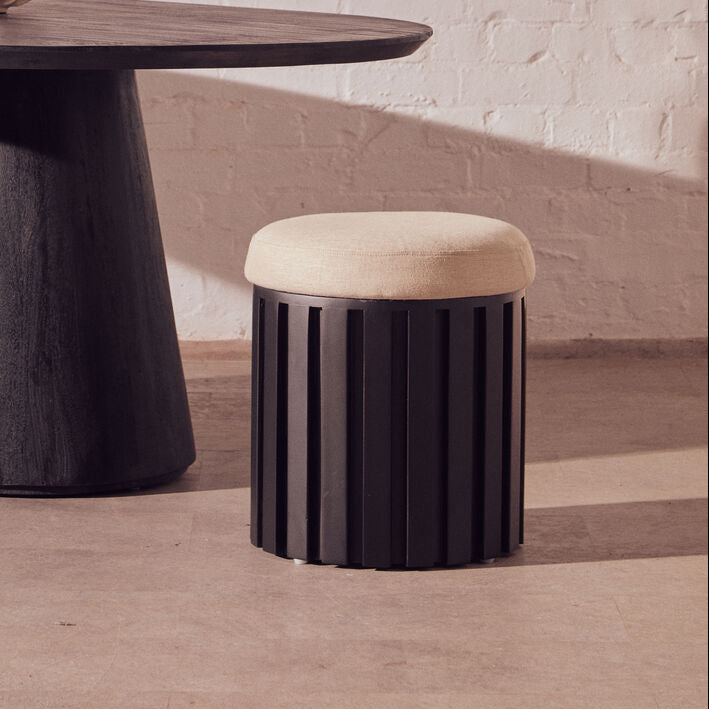 Orsina Perdoba Mango Wood Stool – Sculptural Black & Cream Linen