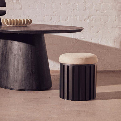 Orsina Perdoba Mango Wood Stool – Sculptural Black & Cream Linen