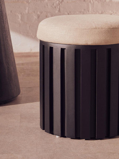 Orsina Perdoba Mango Wood Stool – Sculptural Black & Cream Linen