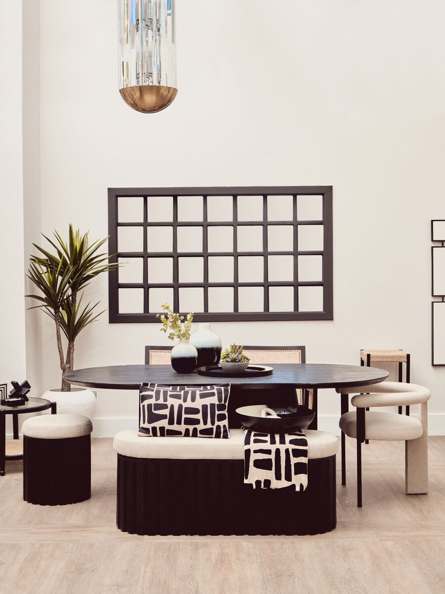Orsina Perdoba Mango Wood Stool – Sculptural Black & Cream Linen