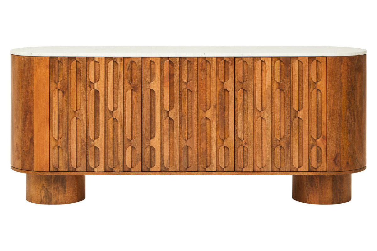 Orsina Torcino Marble Top 3-Door Sideboard – Carved Mango Wood