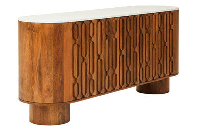 Orsina Torcino Marble Top 3-Door Sideboard – Carved Mango Wood