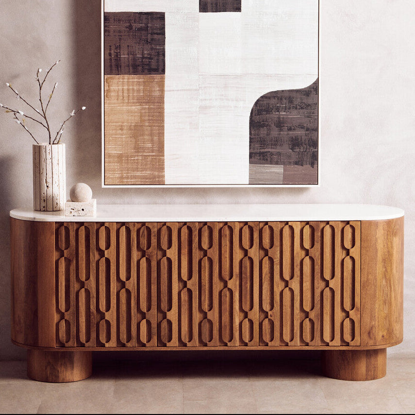 Orsina Torcino Marble Top 3-Door Sideboard – Carved Mango Wood