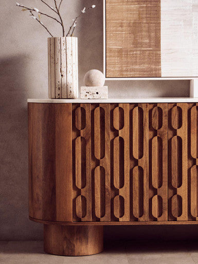 Orsina Torcino Marble Top 3-Door Sideboard – Carved Mango Wood