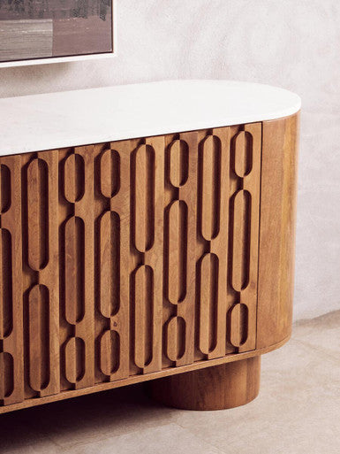 Orsina Torcino Marble Top 3-Door Sideboard – Carved Mango Wood