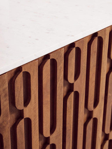 Orsina Torcino Marble Top 3-Door Sideboard – Carved Mango Wood