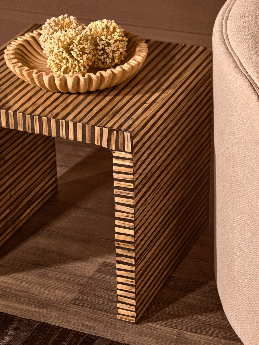 Orsina Bambusa Bamboo Inlay Side Table – Round Japandi Bedside Table