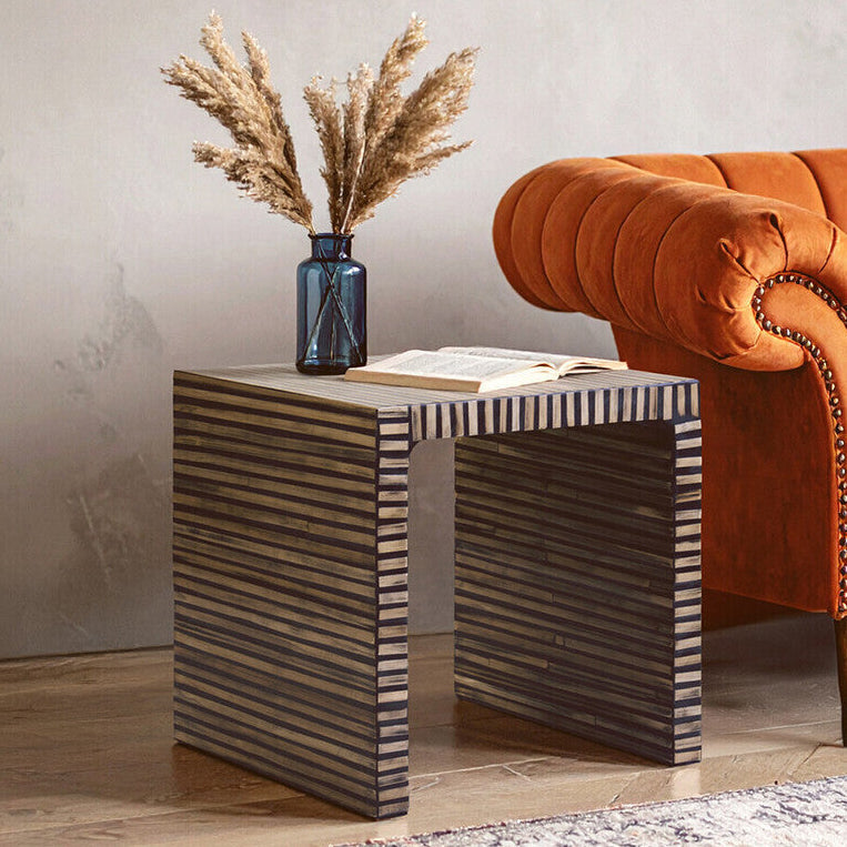 Orsina Bambusa Bamboo Inlay Side Table – Round Japandi Bedside Table