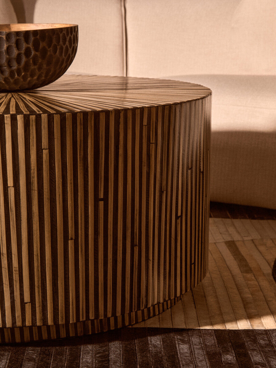 Orsina Round Bamboo Coffee Table – 90cm Natural Sunburst Inlay