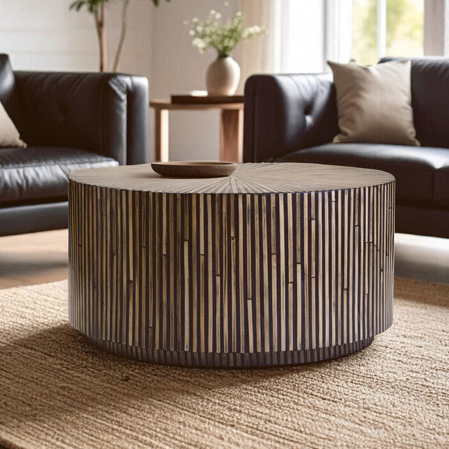 Orsina Round Bamboo Coffee Table – 90cm Natural Sunburst Inlay
