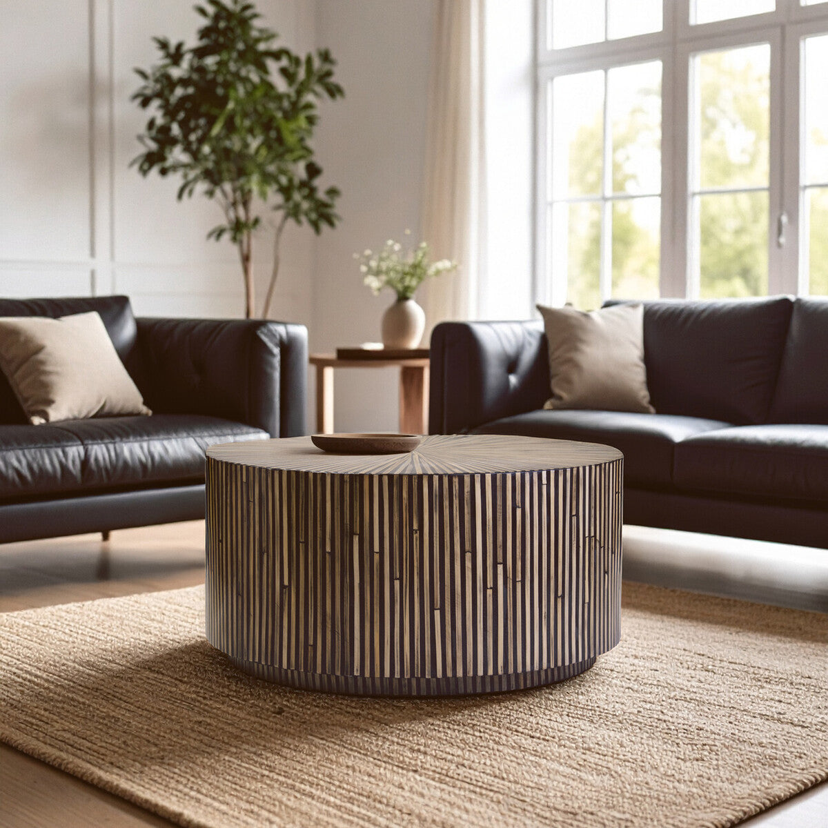 Orsina Round Bamboo Coffee Table – 90cm Natural Sunburst Inlay