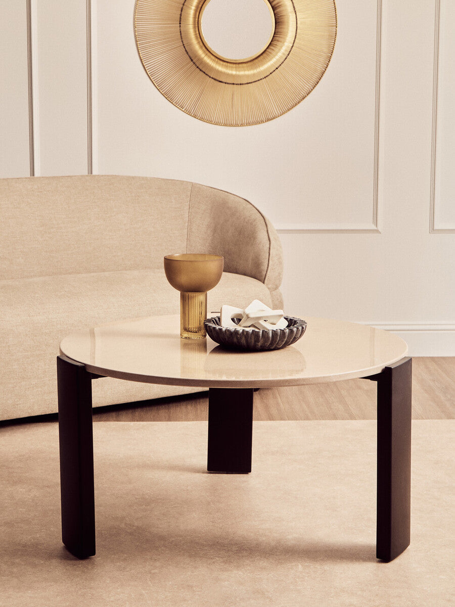 Orsina Palermo Round Cream Marble Coffee Table with Black Acacia Legs