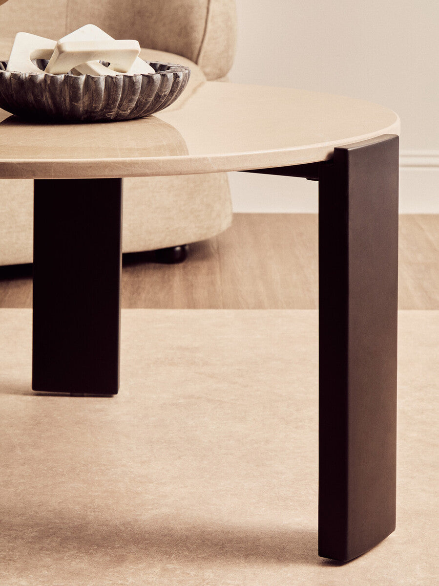 Orsina Palermo Round Cream Marble Coffee Table with Black Acacia Legs
