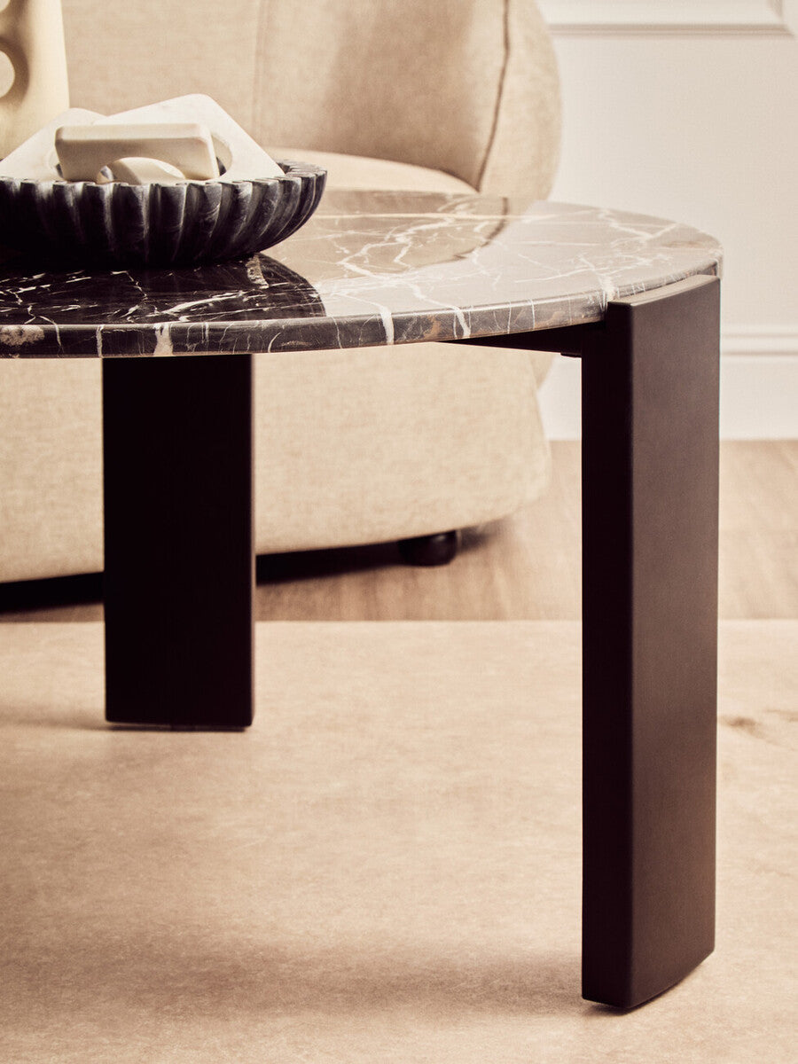 Orsina Palermo Round Black Marble Coffee Table with Acacia Legs
