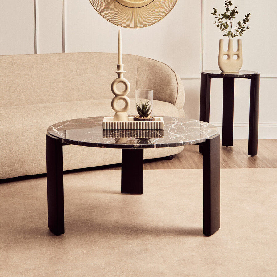 Orsina Palermo Round Black Marble Coffee Table with Acacia Legs