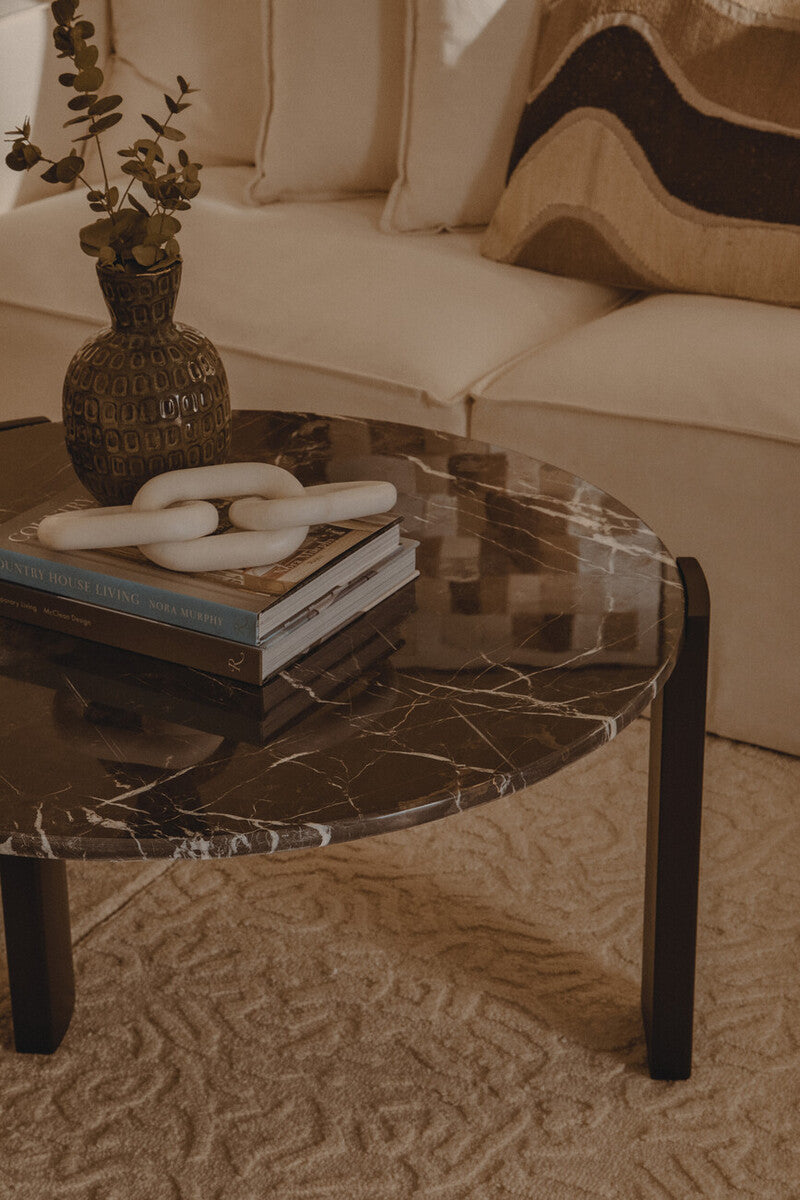 Orsina Palermo Round Black Marble Coffee Table with Acacia Legs