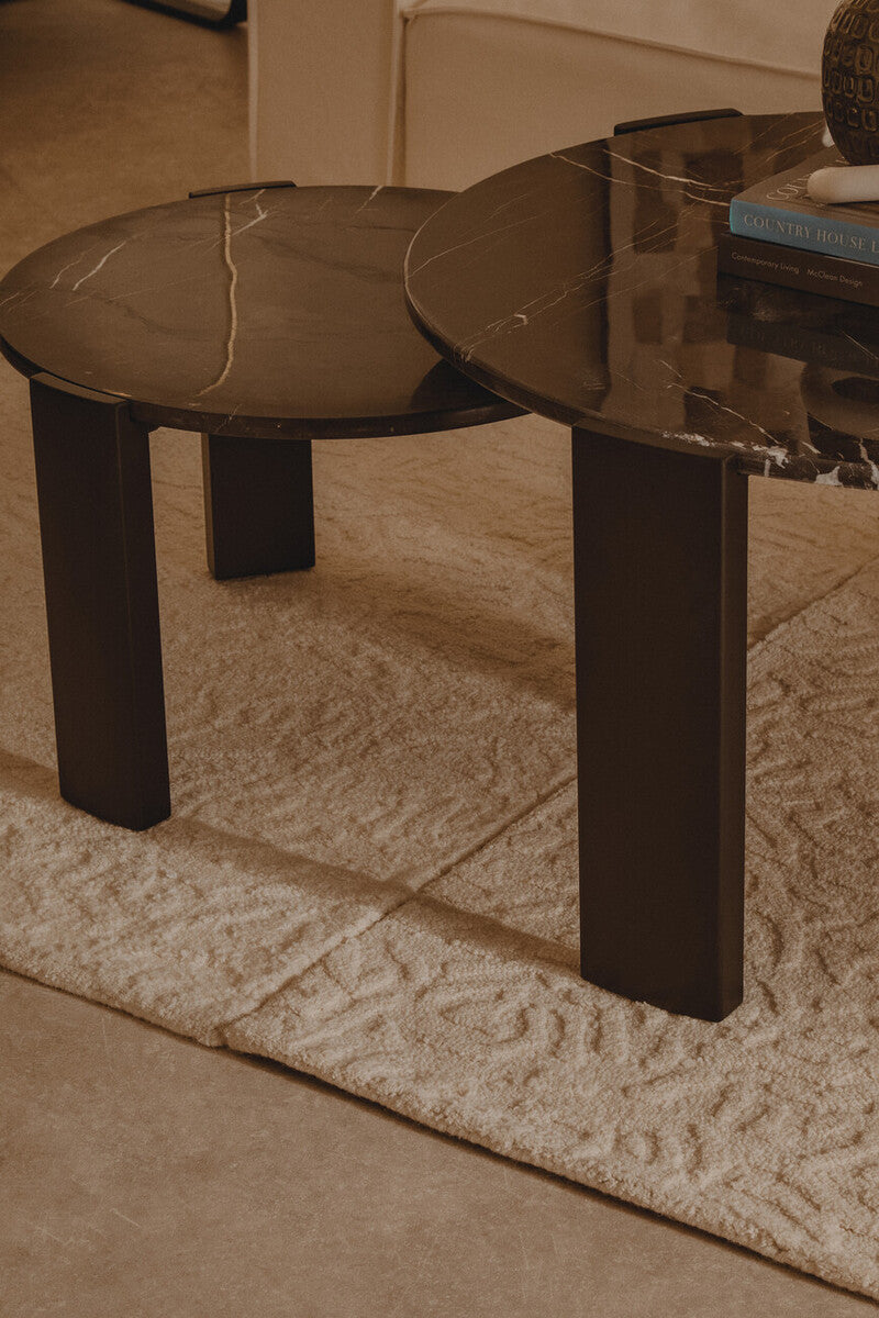 Orsina Palermo Round Black Marble Coffee Table with Acacia Legs