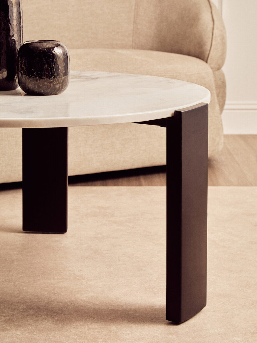 Orsina Palermo Large Round White Marble Coffee Table with Black Legs