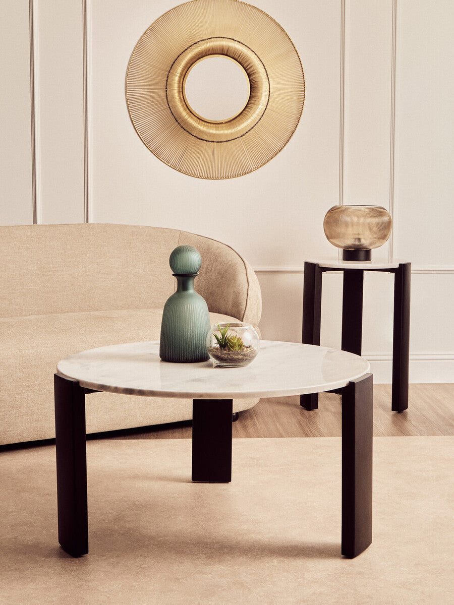 Orsina Palermo Large Round White Marble Coffee Table with Black Legs