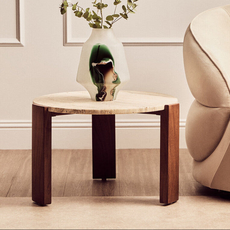 Orsina Palermo Round Travertine Coffee Table – Small Acacia Wood Base