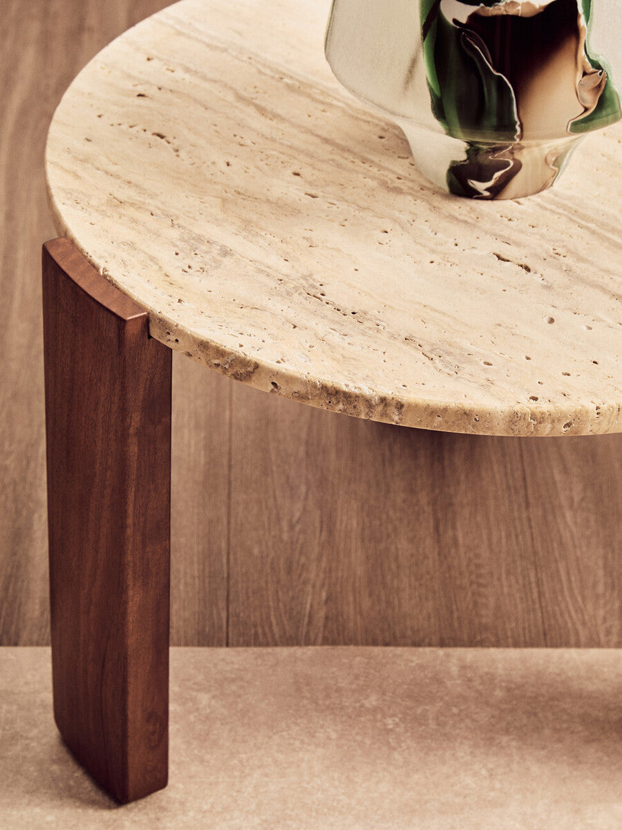 Orsina Palermo Round Travertine Coffee Table – Small Acacia Wood Base