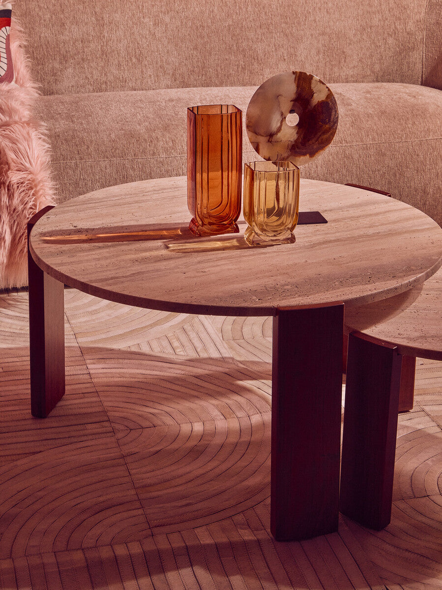 Orsina Palermo Round Travertine Coffee Table – Small Acacia Wood Base