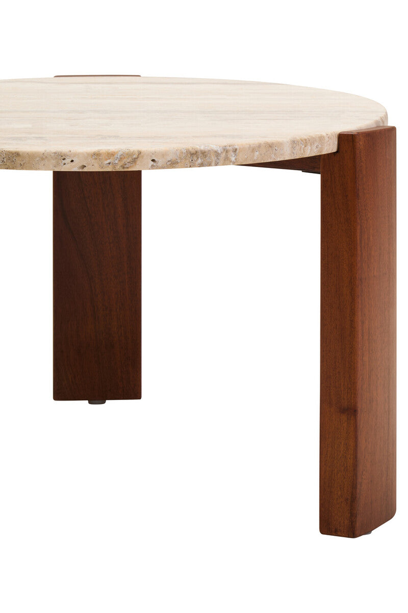 Orsina Palermo Round Travertine Coffee Table – Small Acacia Wood Base
