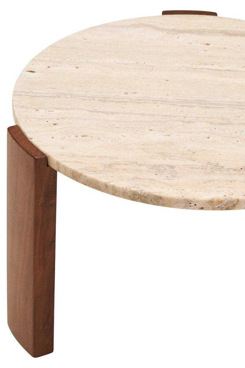 Orsina Palermo Round Travertine Coffee Table – Small Acacia Wood Base