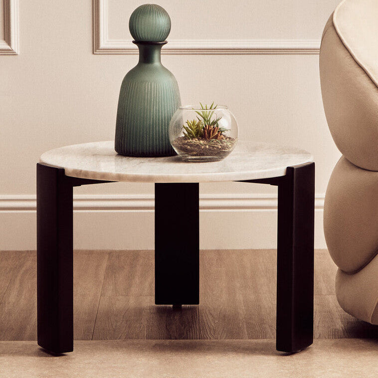 Orsina Palermo Round White Marble Coffee Table with Black Acacia Legs