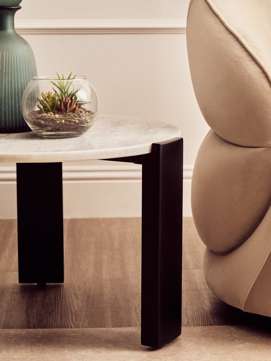 Orsina Palermo Round White Marble Coffee Table with Black Acacia Legs