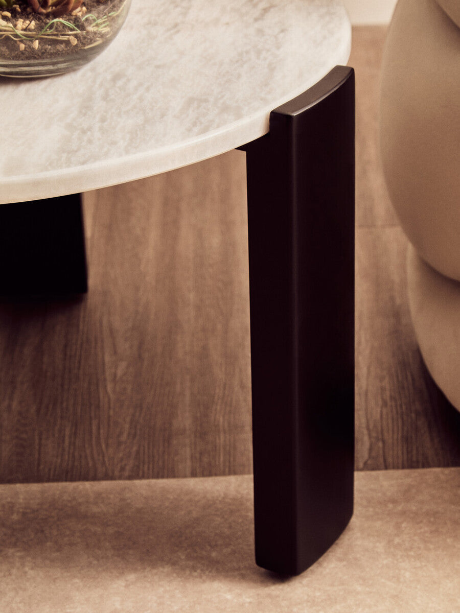 Orsina Palermo Round White Marble Coffee Table with Black Acacia Legs