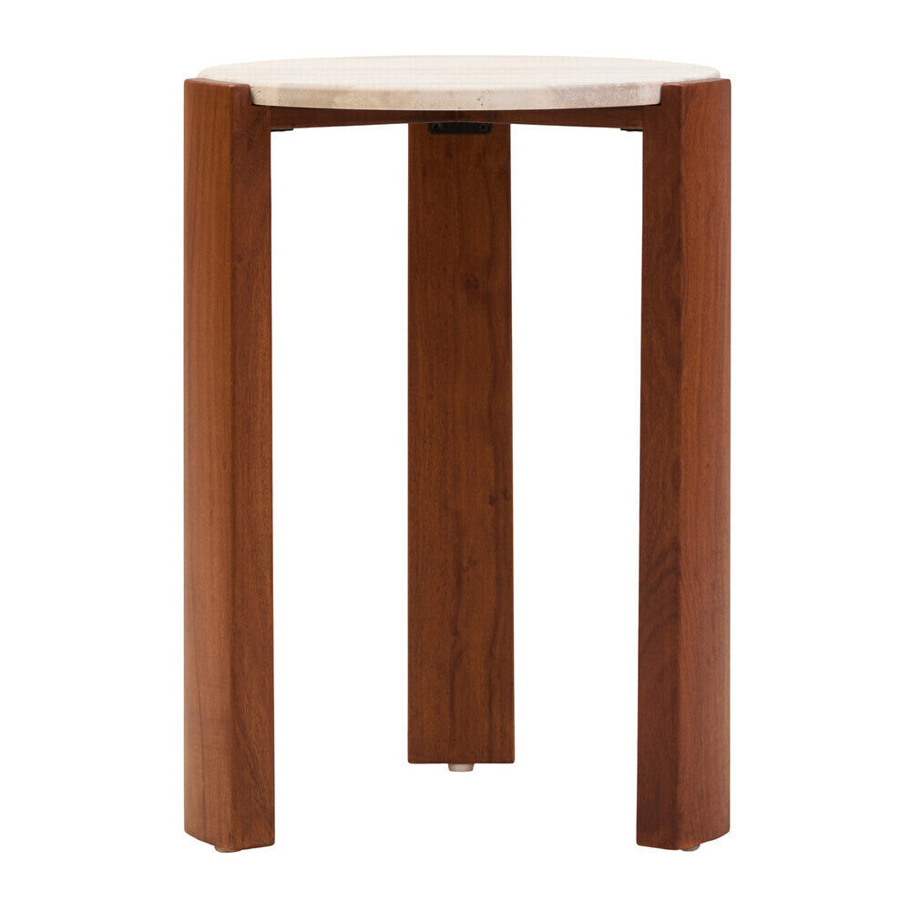 Orsina Palermo Round Travertine Side Table – Acacia Wood Base