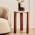 Orsina Palermo Round Travertine Side Table – Acacia Wood Base