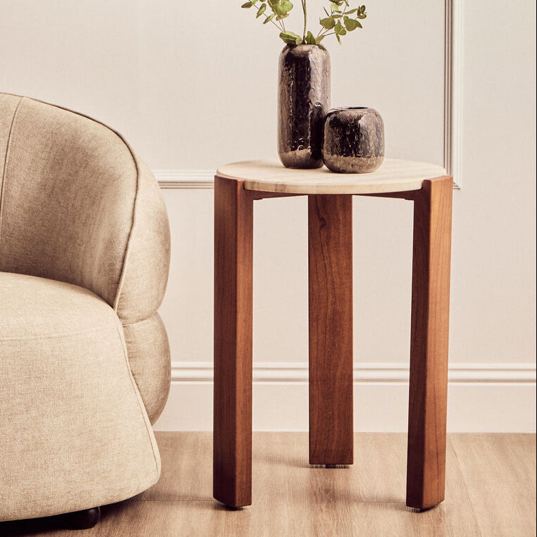 Orsina Palermo Round Travertine Side Table – Acacia Wood Base