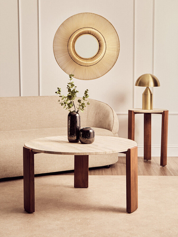 Orsina Palermo Round Travertine Side Table – Acacia Wood Base