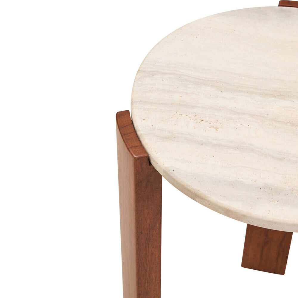 Orsina Palermo Round Travertine Side Table – Acacia Wood Base