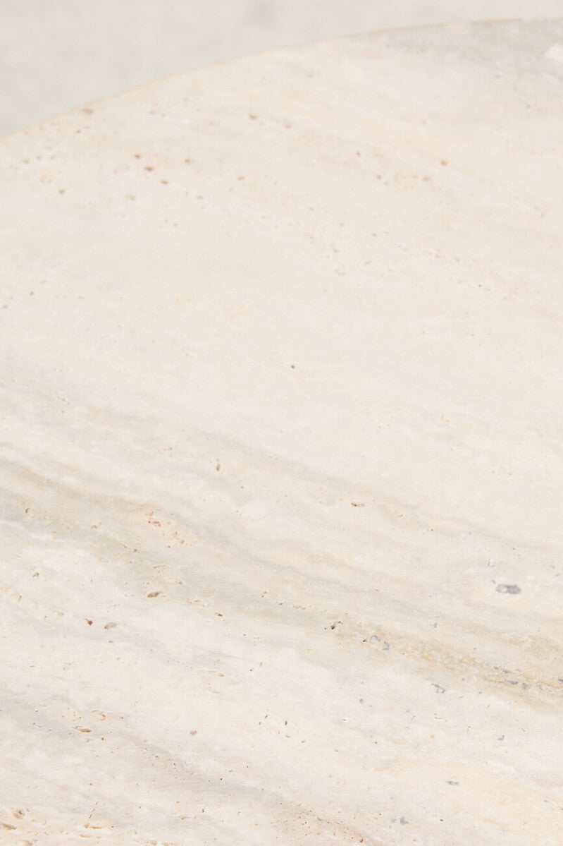 Orsina Palermo Round Travertine Side Table – Acacia Wood Base