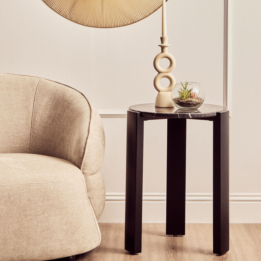 Orsina Palermo Round Black Marble Side Table with Acacia Wood Legs
