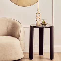 Orsina Palermo Round Black Marble Side Table with Acacia Wood Legs