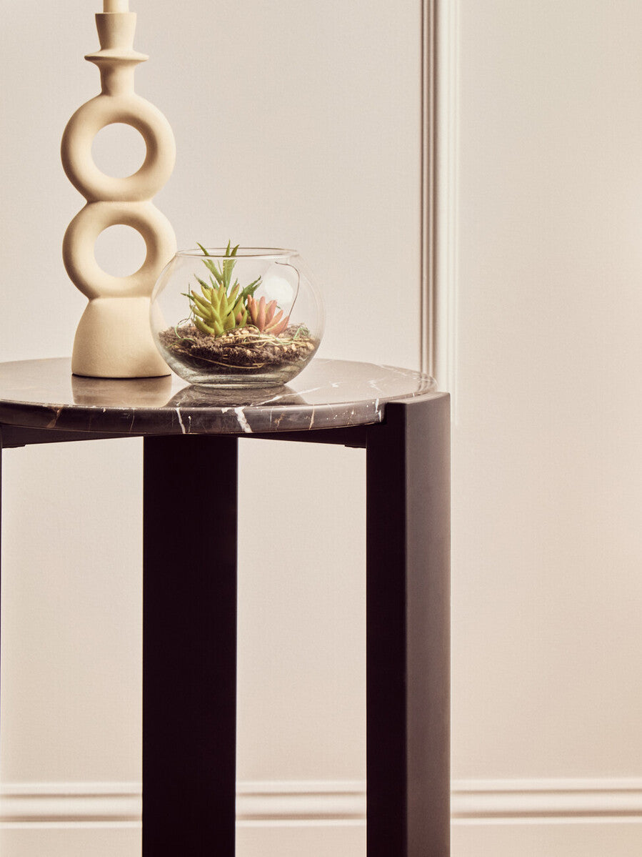 Orsina Palermo Round Black Marble Side Table with Acacia Wood Legs
