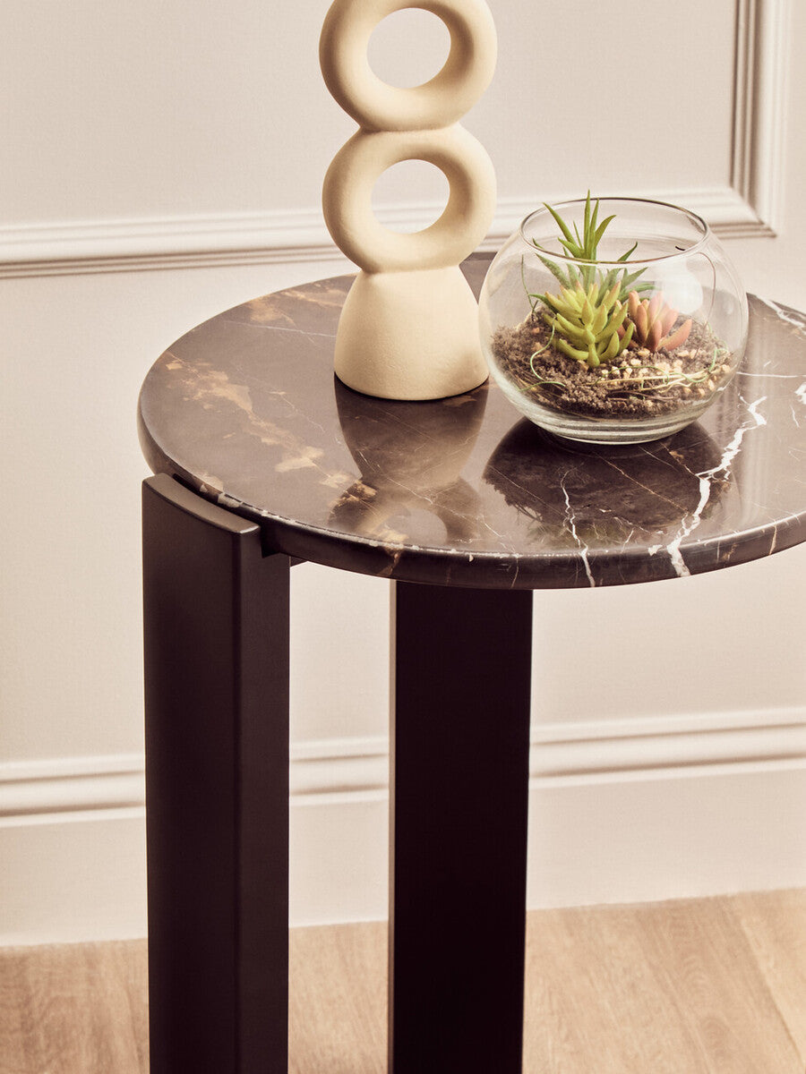 Orsina Palermo Round Black Marble Side Table with Acacia Wood Legs