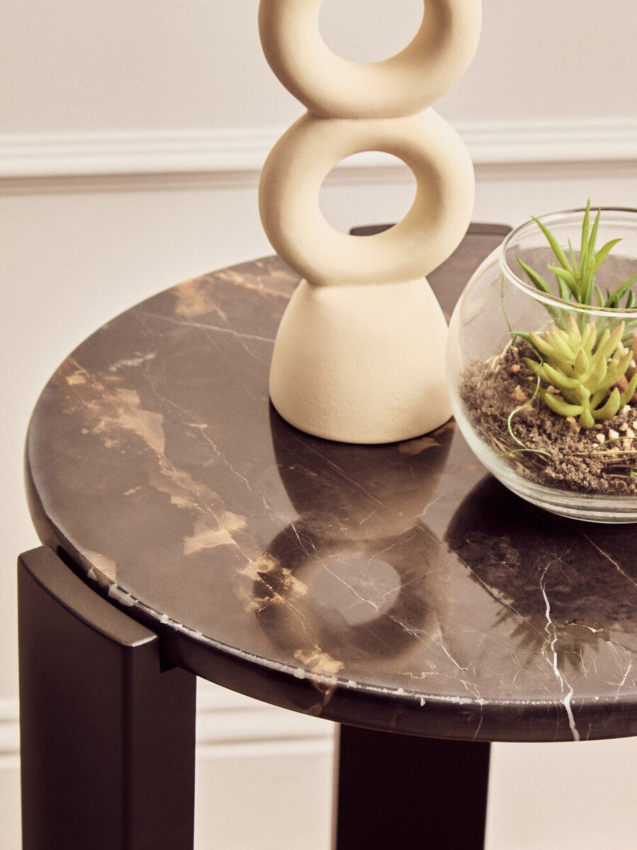 Orsina Palermo Round Black Marble Side Table with Acacia Wood Legs