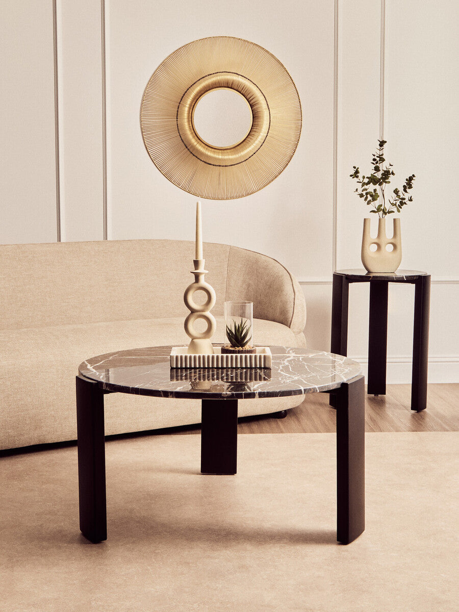Orsina Palermo Round Black Marble Side Table with Acacia Wood Legs