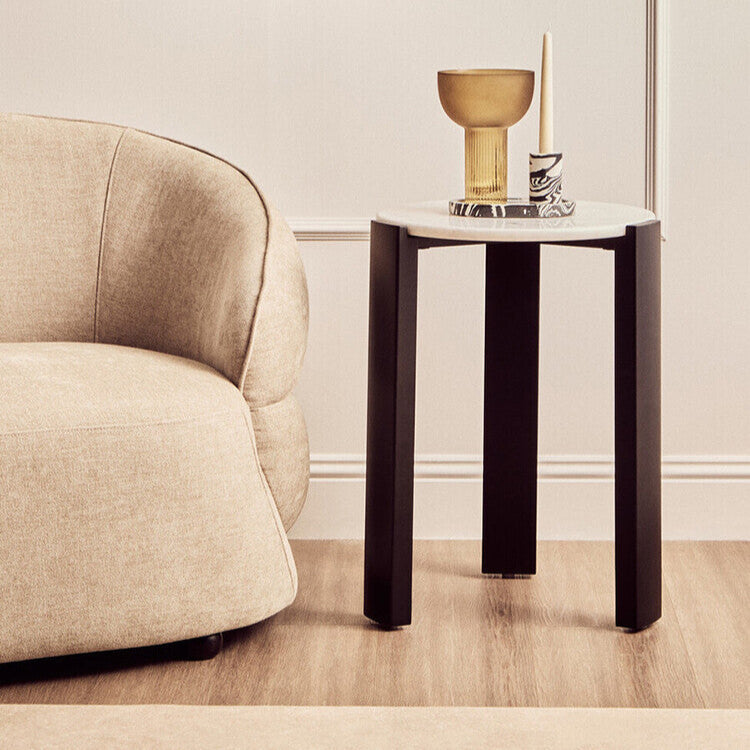 Orsina Palermo Round White Marble Side Table with Black Wood Legs