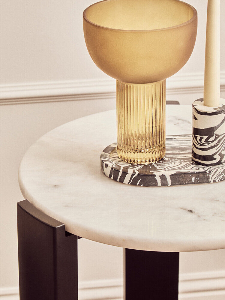 Orsina Palermo Round White Marble Side Table with Black Wood Legs