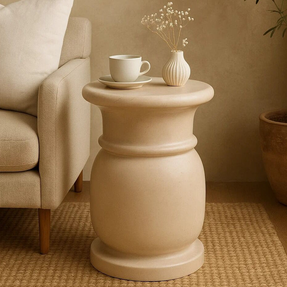 Orsina Zoro Cream Marble Stool and Side Table – Polished Stone