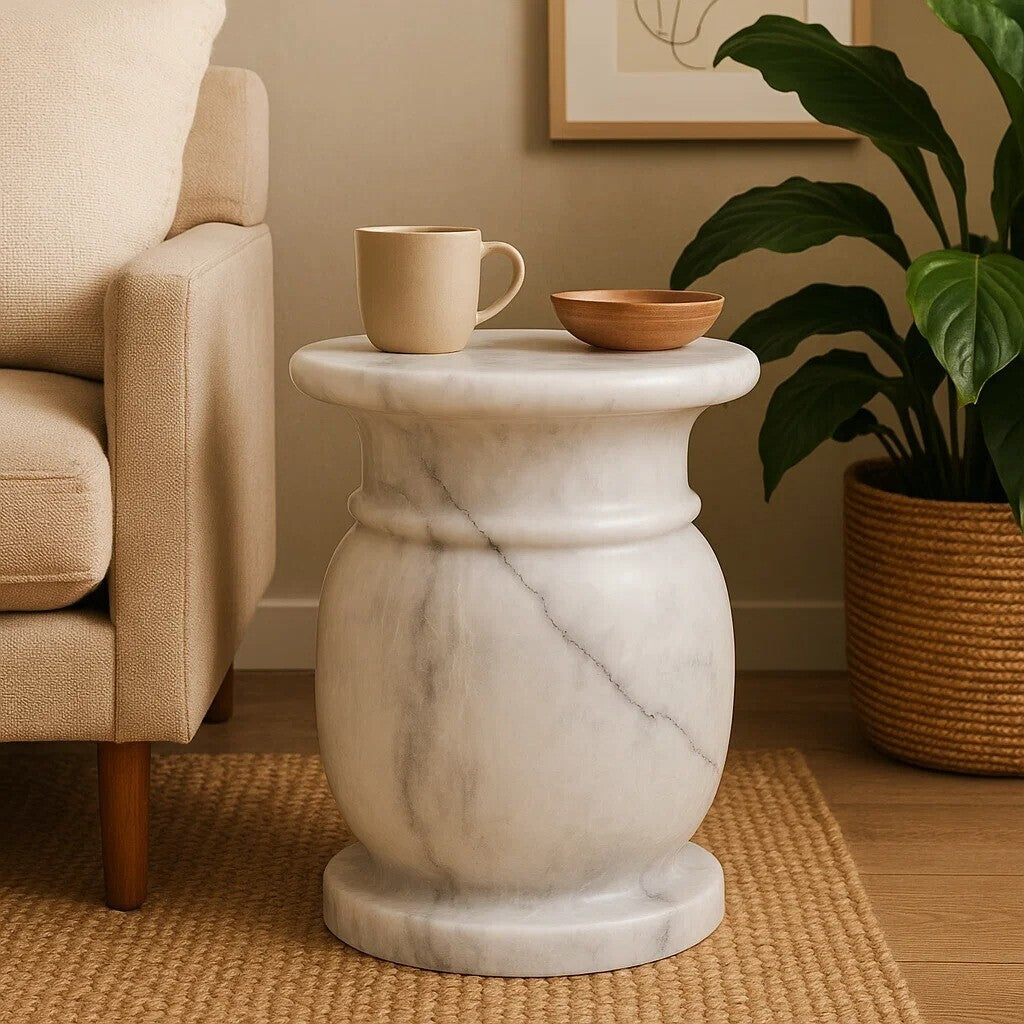 Orsina Zoro White Marble Stool and Side Table – Modern Stone Pedestal