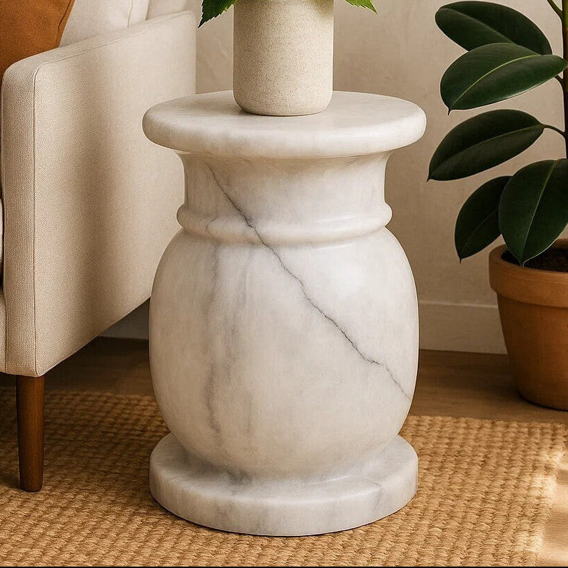Orsina Zoro White Marble Stool and Side Table – Modern Stone Pedestal