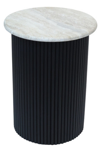 Orsina Walton Travertine Side Table | Ridged Black Acacia Wood Base
